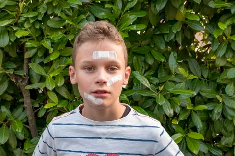 Boy with plaster on his face in front of a hedge looks sad Stock-Fotos