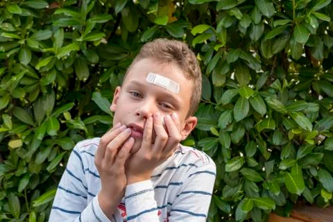 Boy with plaster on his face in front of a hedge looks sad Stock Photos
