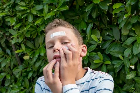 Boy with plaster on his face in front of a hedge looks sad Stock Photos