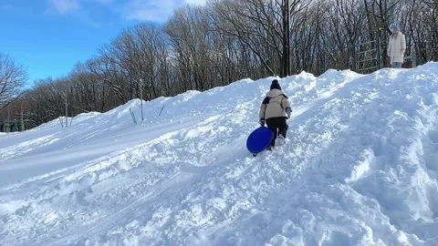 Boy with plastic board in hand trying to get to the top of snow hill to slide  Stock Footage 232900863