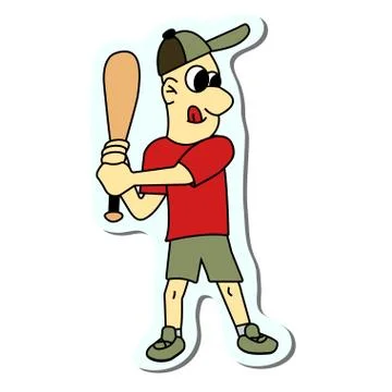 Boy play baseball sticker. vector illustration Stock Illustration