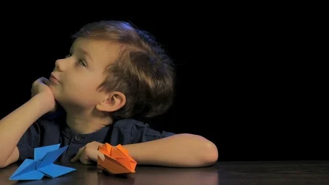 Boy play with paper rocket toy, childhood, child flat. Stock Footage 123613974