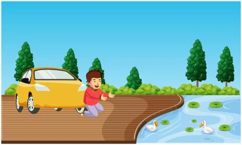 Boy is playing with aquatic animals near the park Ilustração Stock