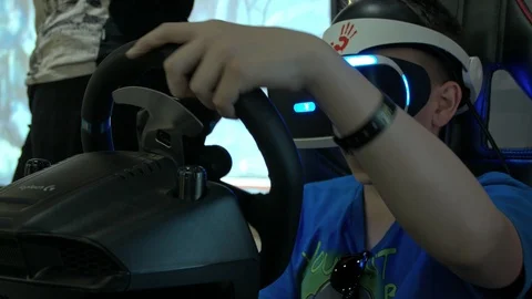Boy Playing Auto Simulator Game With Vr Glasses Stock Footage 90135282