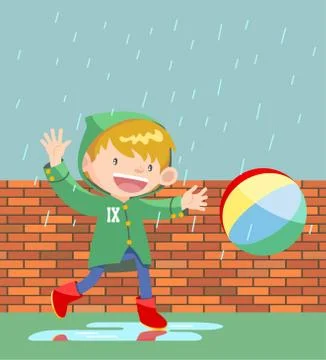 Boy playing ball under rain Stock Illustration