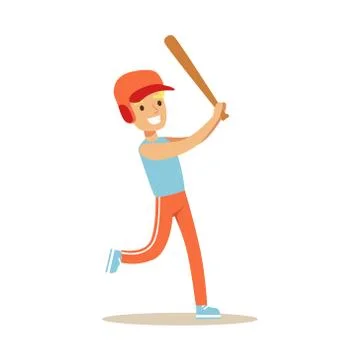 Boy Playing Baseball, Kid Practicing Different Sports And Physical Activities In Stock Illustration