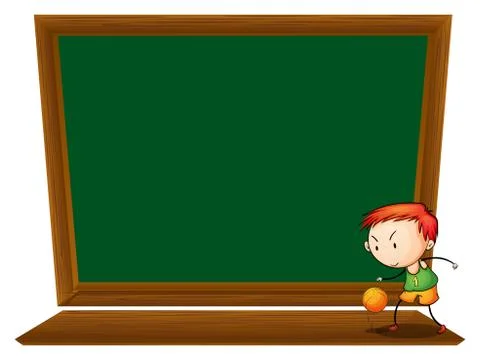 A boy playing basketball in front of the empty blackboard Stock Illustration
