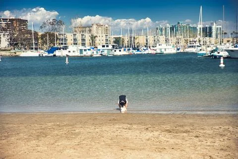A boy playing on the beach in Venice Beach, CA Stock Photos