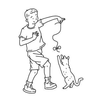 Boy playing with a cat pet. Doodle black white contour line illustration. Stock Illustration