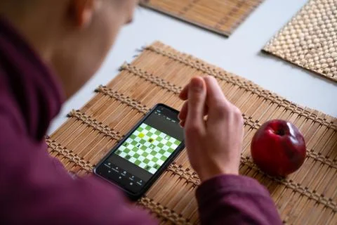 Boy playing chess online on mobile phone Stock Photos