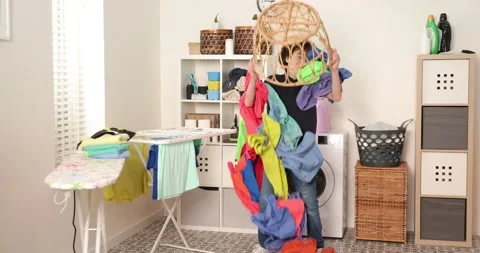 Boy is playing with clothes during laundry. Young teen boy throwing basket with Stock Footage 222790915