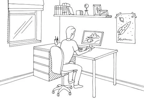 Boy playing computer game. Children room graphic black white interior sketch ill Stock Illustration