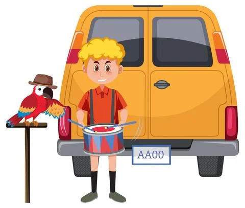 Boy playing drum with parrot Stock Illustration