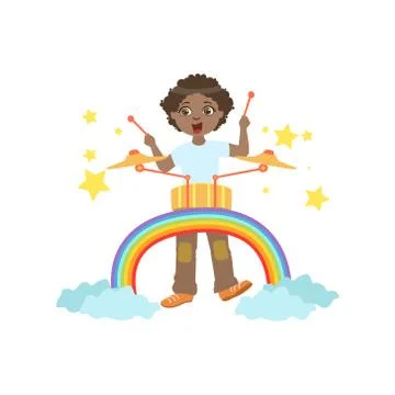 Boy Playing Drums With Rainbow And Clouds Decoration Illustrazione stock