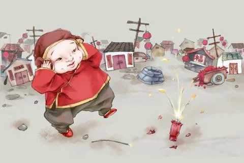 Boy playing firecrackers Stock Illustration
