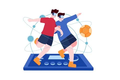 Boy playing football using VR Tech Stock Illustration
