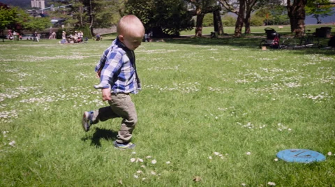 Boy playing frisbee in park 스톡 동영상 64453085
