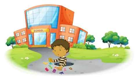 A boy playing in front of the school building Ilustración de archivo