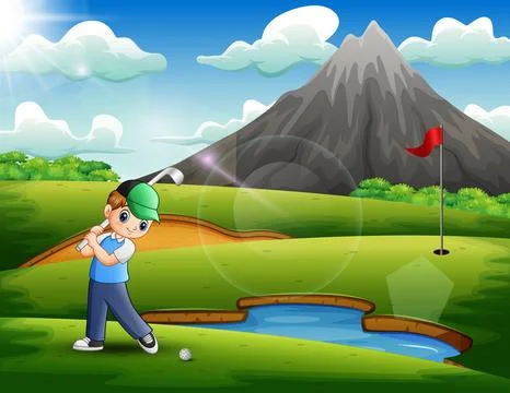 A boy playing golf in the beautiful nature Stock Illustration