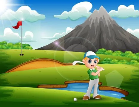 A boy playing golf in the beautiful nature Stock Illustration