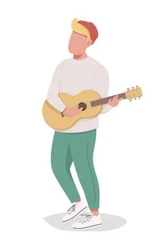 Boy playing guitar semi flat color vector character Stock Illustration