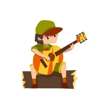 Boy playing guitar sitting on the log, boy scout character in uniform vector Stock Illustration