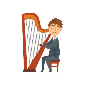 Boy Playing Harp, Talented Young Harpist Character Playing Acoustic String Stock Illustration