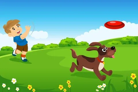 A boy playing with his dog Stock Illustration
