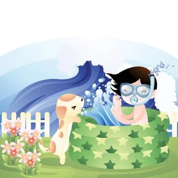 Boy Playing In The Inflatable Swimming Pool Stock Illustration