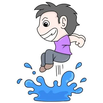 Boy is playing jumping over puddles of water, doodle icon image kawaii Stock Illustration