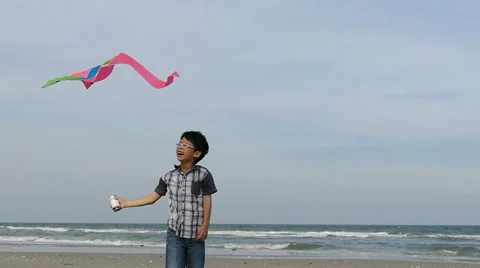 Boy playing kite on the beach ,slow motion Stock Footage 60607485