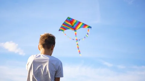 Boy playing with a kite on a blue sky background. Outdoor entertainment 스톡 동영상 116986033