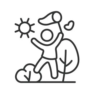 Boy playing in nature, icon in line design. boy playing in nature, child Stock Illustration