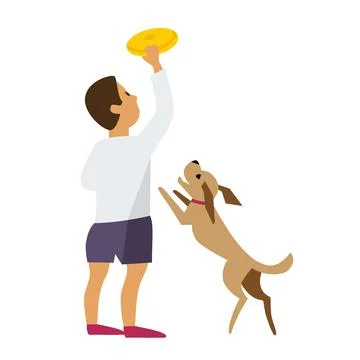 Boy playing with pet dog flat color vector icon Stock Illustration