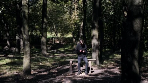 Boy playing on the phone while sitting on a bench in the forest.Copy space.place Stock Footage 260568433