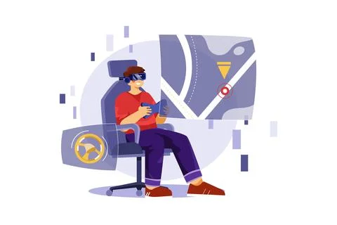 Boy playing the racing game using VR イラスト素材