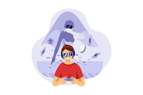 Boy Playing The Racing Game Using Virtual Reality 스톡 일러스트