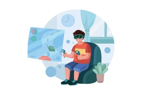 Boy playing the racing game using VR 스톡 일러스트