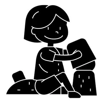 Boy playing with sand on beach  icon, vector illustration, sign on isolate Stock Illustration