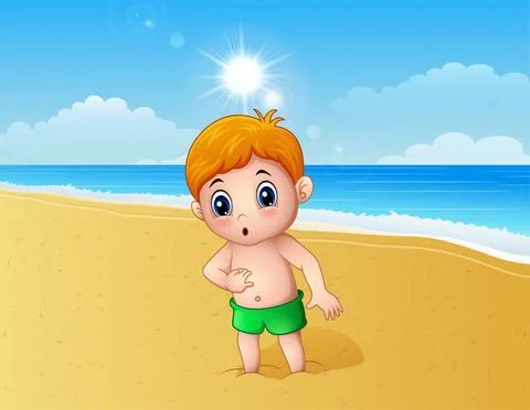 Boy playing a sand using his feet at the beach Stock Illustration