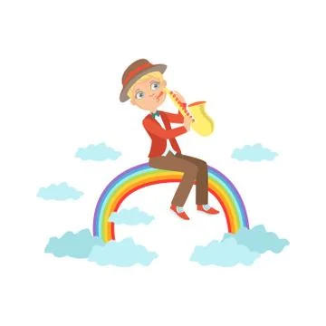 Boy Playing Saxophone With Rainbow And Clouds Decoration Stock Illustration