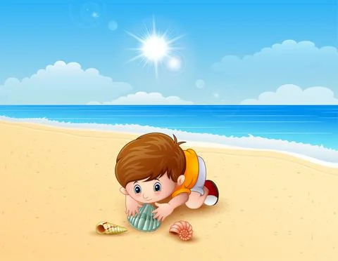 Boy playing a sea shells at the beach 스톡 일러스트