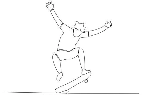 A boy playing skateboard while raising both hands Stock Illustration