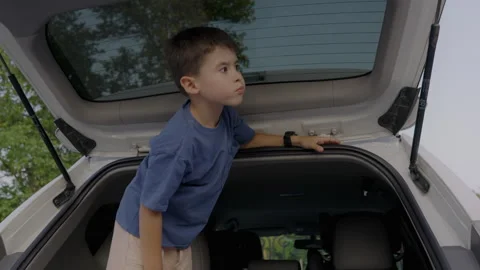Boy playing standing in a car trunk, playing and having fun. Cute little kid Stock Footage 250155254