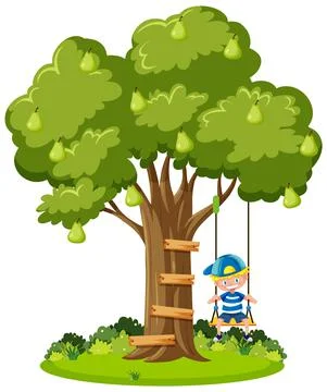 Boy playing swing under the tree Stock Illustration