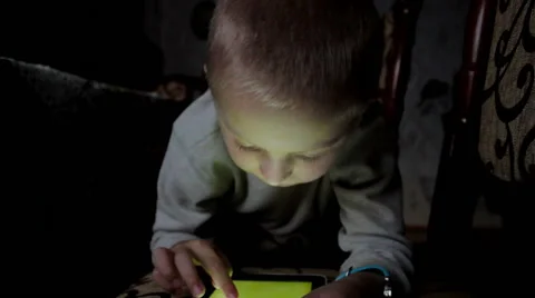 Boy Playing Tablet, Computer, Child Surfing Ipad, Night Dark Stock Footage 49232391