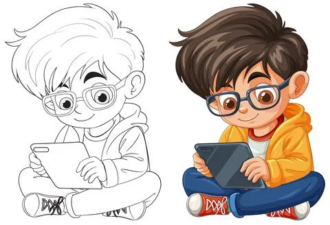 Boy Playing with Tablet Stock Illustration