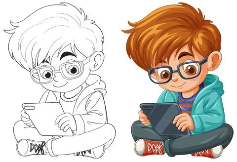 Boy Playing with Tablet イラスト素材