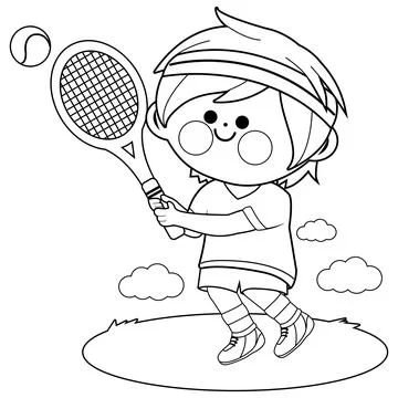 Boy playing tennis. Vector black and white coloring page Stock Illustration