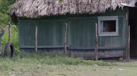 Boy playing with a tire outside a hut in village, Guatemala Stock Footage 63053460